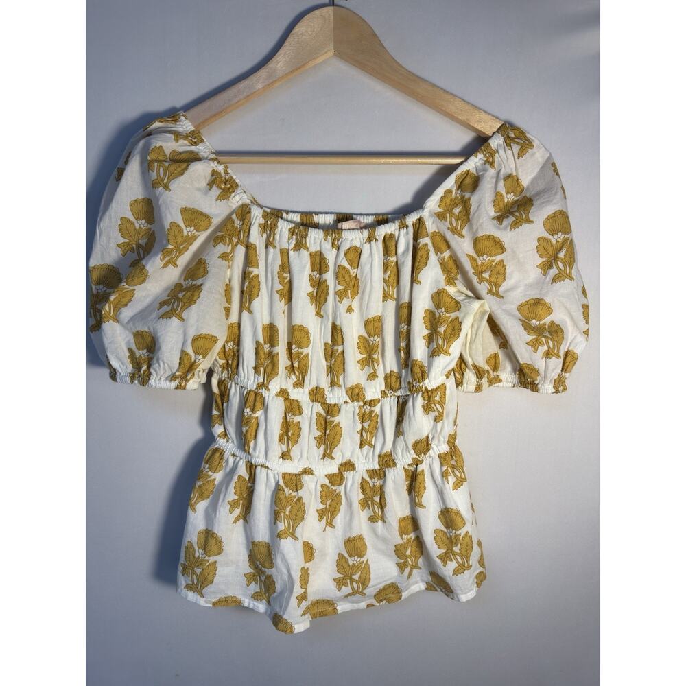 NFC Floral Puff Sleeve Peplum Blouse Women’s M White Mustard Cotton Cottagecore